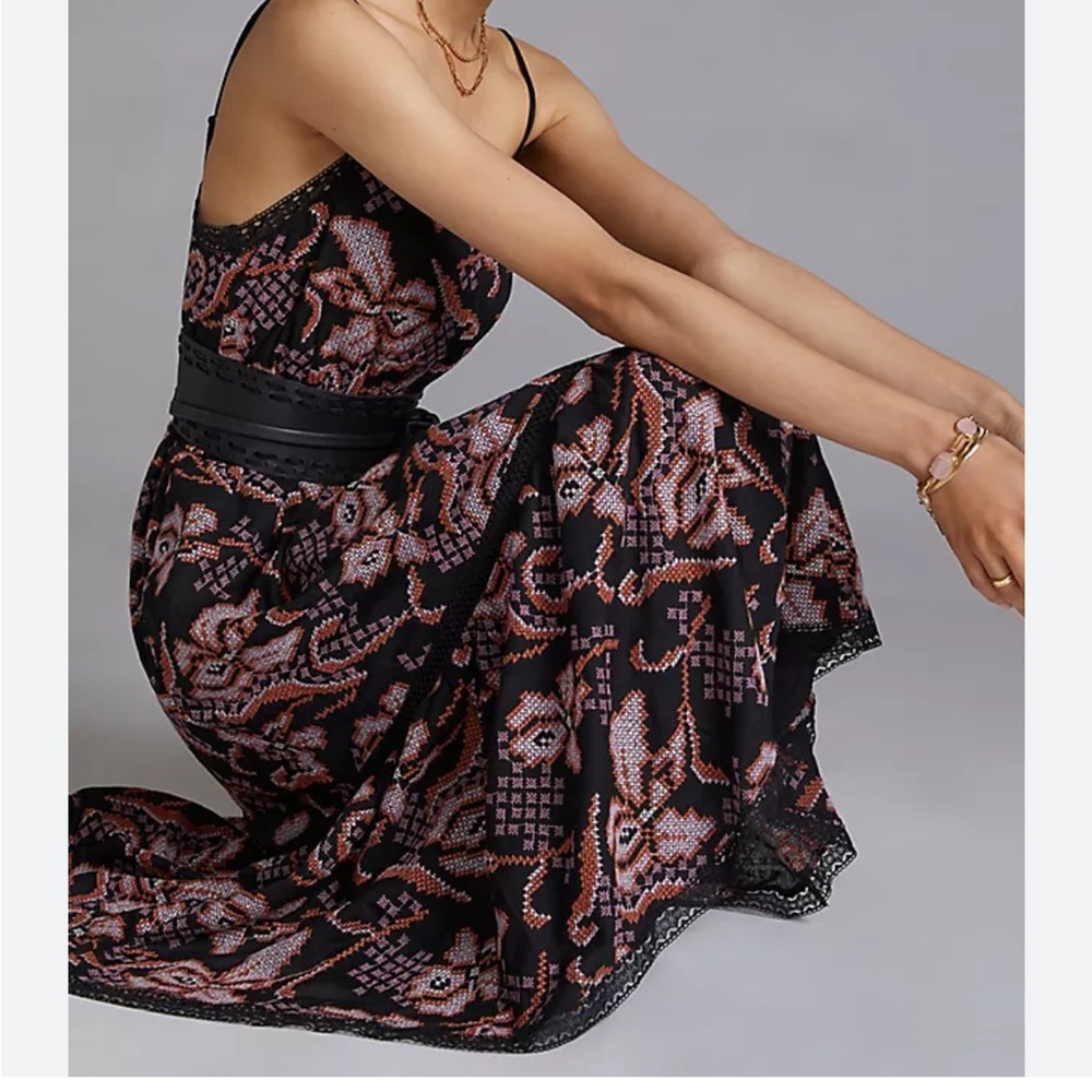 Anthropologie Black and Pink Floral Midi Dress